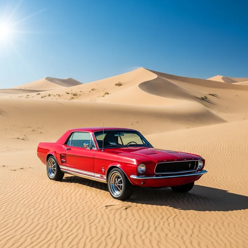 Vintage Red Ford Mustang in Desert | Tranquil Scene with Shimmering Beauty
