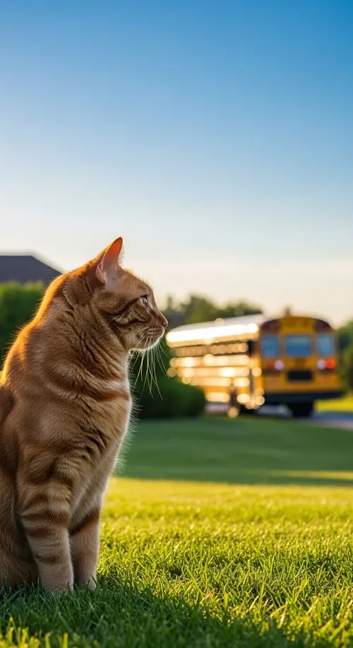 Tranquil Ginger Cat Watching School Bus on Sunny Summer Day
