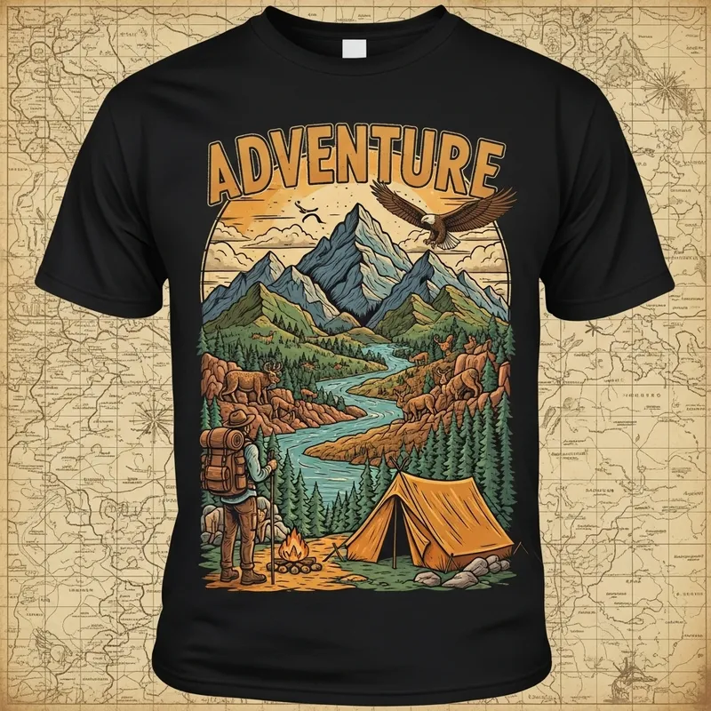 Detailed Adventure-Themed T-Shirt Design with Vintage Map and Wildlife