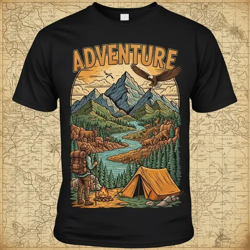 Adventure-Themed T-Shirt Design with Vintage Map and Wildlife