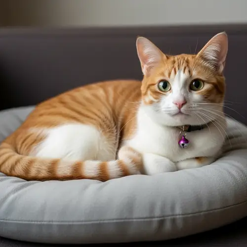 Adorable Orange and White Cat Relaxing on Plush Cushion