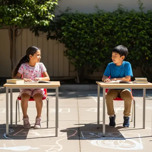 Young Hispanic Girl & Eastern Asian Boy Engaged in Deep Discussion