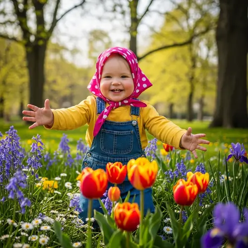 Adorable Chubby Child Playing in Colorful Park with Pink Headscarf