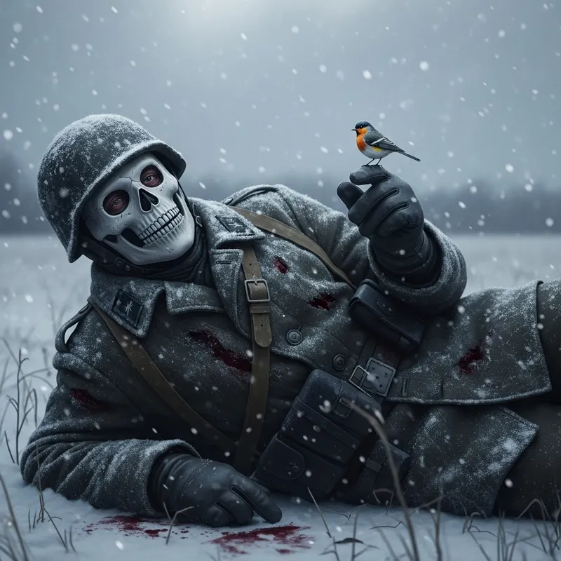 Injured Soldier Dying in Snow Field with Skull Mask - Hopeful Bird Scene