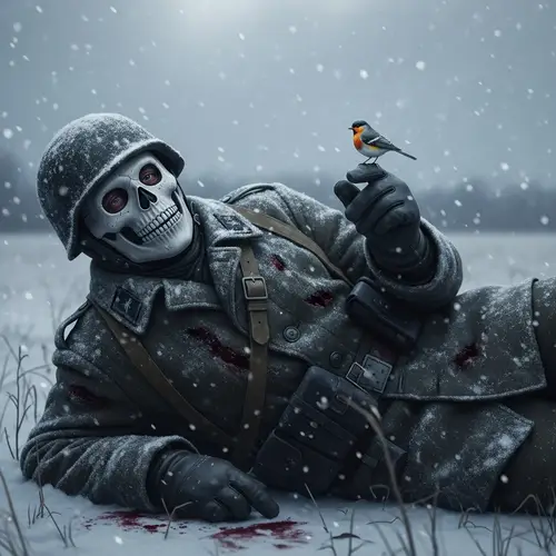 Injured Soldier Dying in Snow Field with Skull Mask - Hopeful Bird Scene