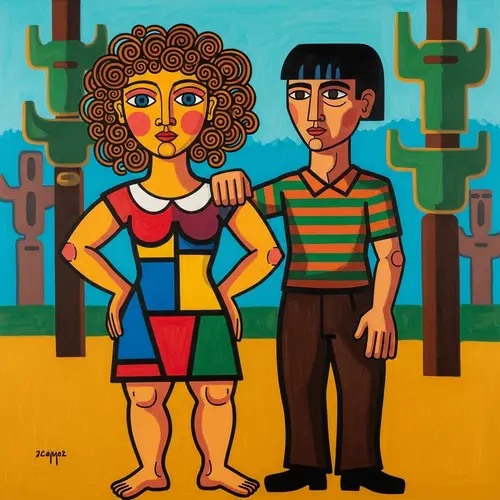 Curly-Haired Woman and Man Artwork in Primitivism Style