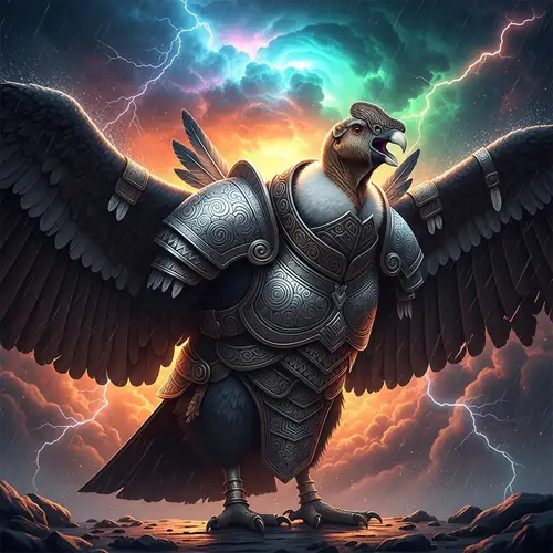 Majestic Condor in Grand Armor Against Colorful Storm