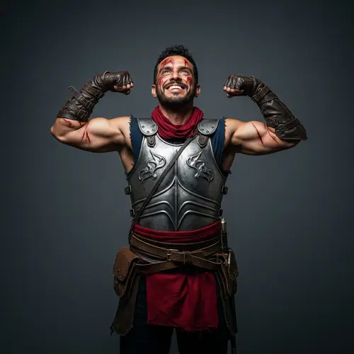 Battle-Scarrred Warrior Flexing Muscles