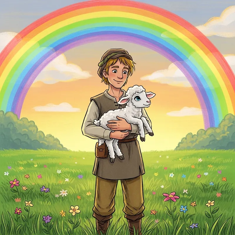 Adorable Cartoon Sheep Cuddled by Shepherd under Rainbow