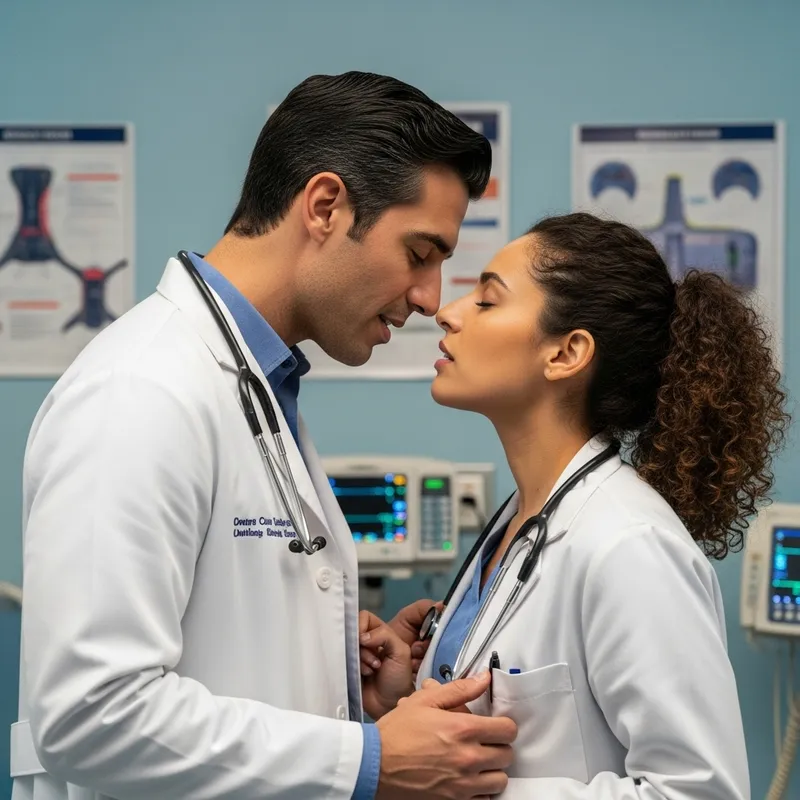 Male and Female Doctors Sharing a Tender Kiss Male and Female Doctors Sharing a Tender Kiss