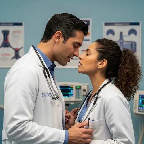 Passionate Moment: Male and Female Doctors Sharing a Tender Kiss
