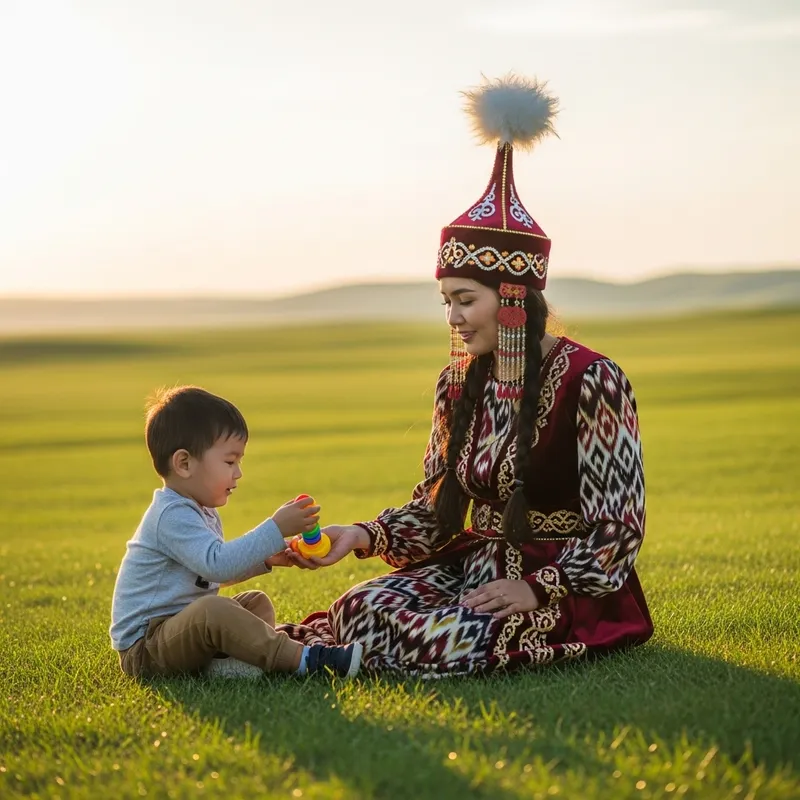 Traditional Kazakh Mother and Son Enjoying Green Meadow at Sunset