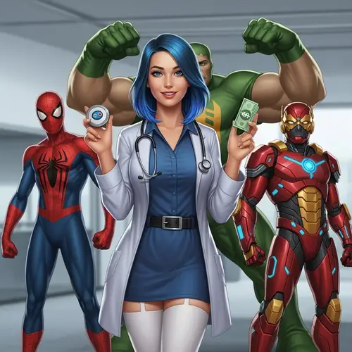Blue-Haired Healthcare Worker with Digital Currency and Hero Costumes