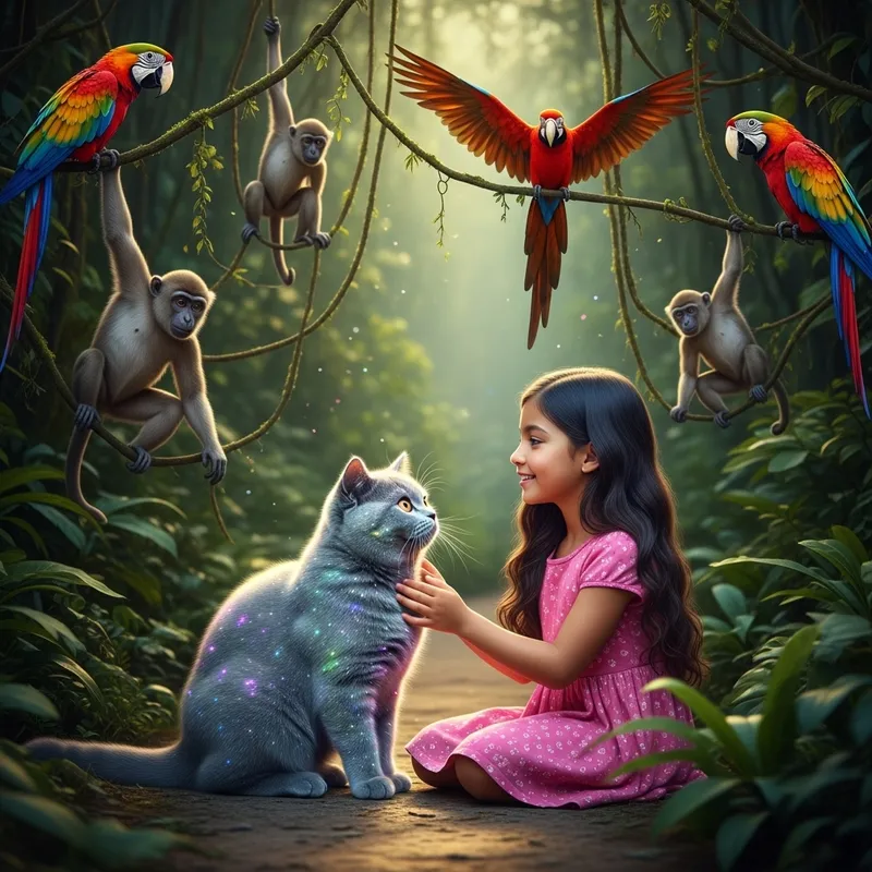 Authentic Grey British Shorthair Cat and Girl in Jungle Scene