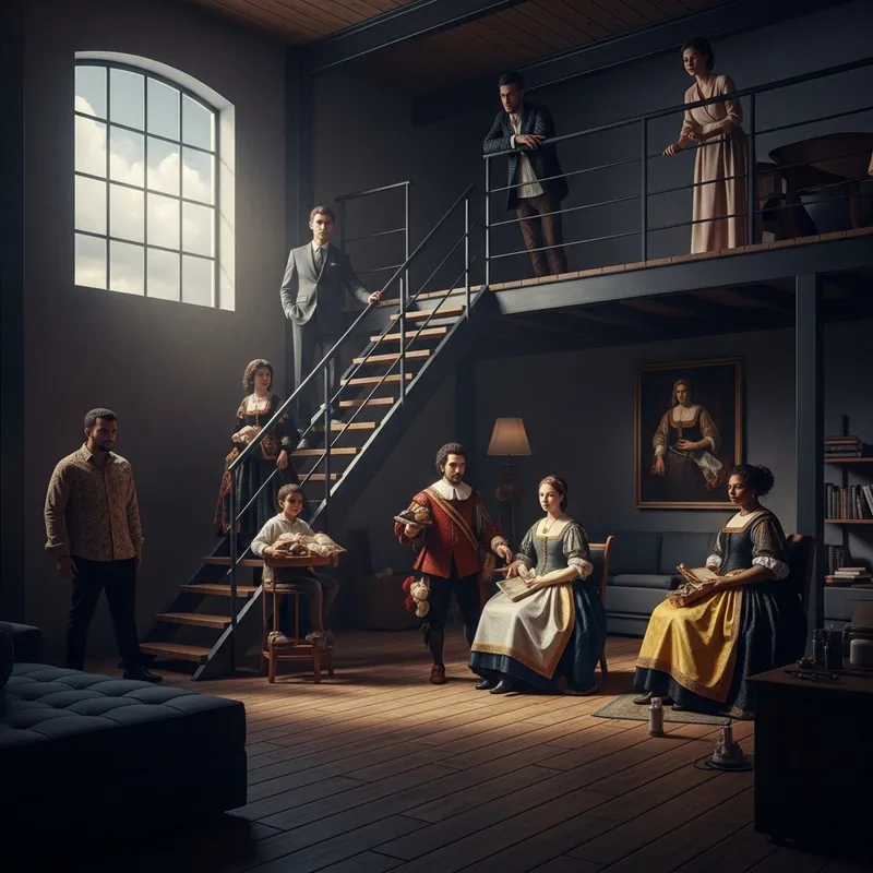 Modern Reinterpretation of 'Las Meninas' with Rembrandt Lighting in Stylish Loft Apartment Modern Reinterpretation of 'Las Meninas' with Rembrandt Lighting in Stylish Loft Apartment