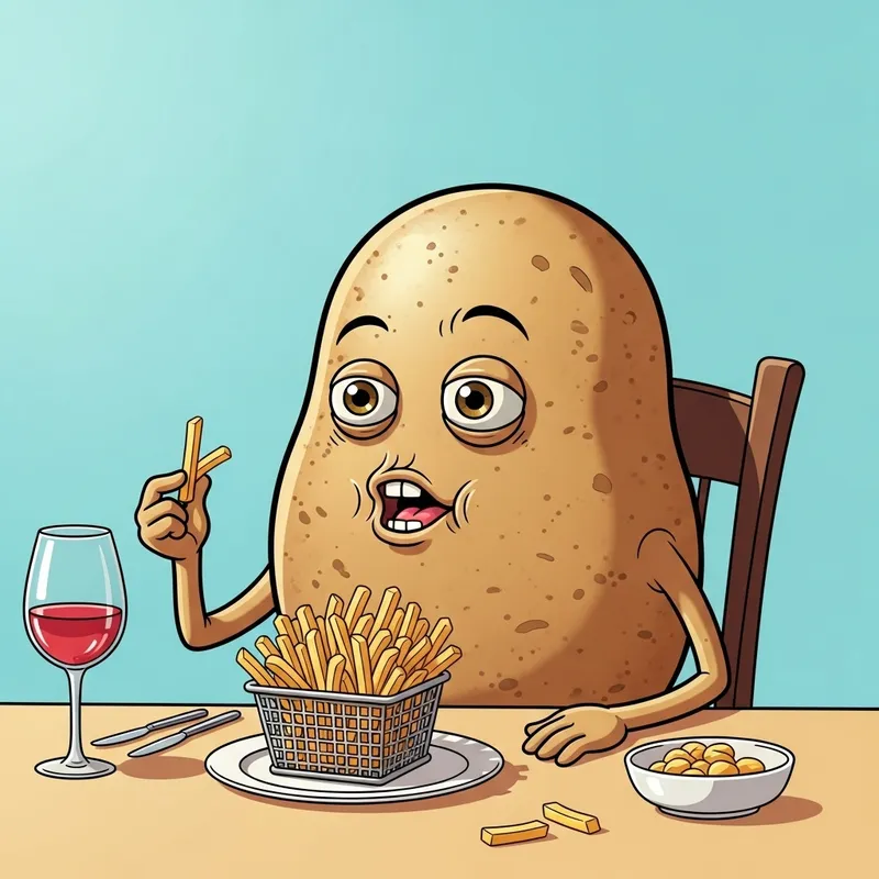 Potato Eating French Fry - Humorous Cartoon Scene
