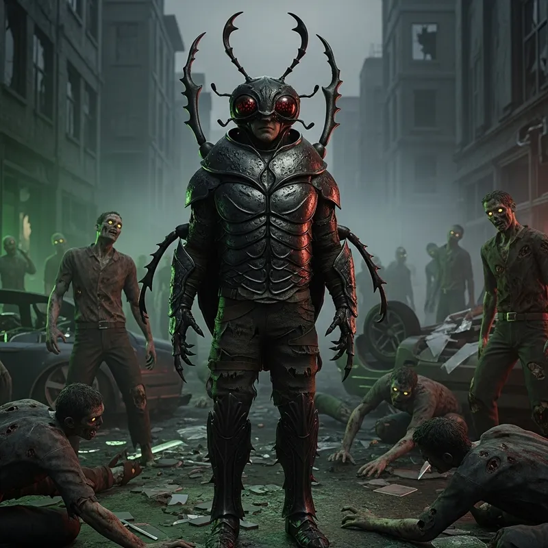 Beetle Man Battling Zombies in Epic 3D Scene