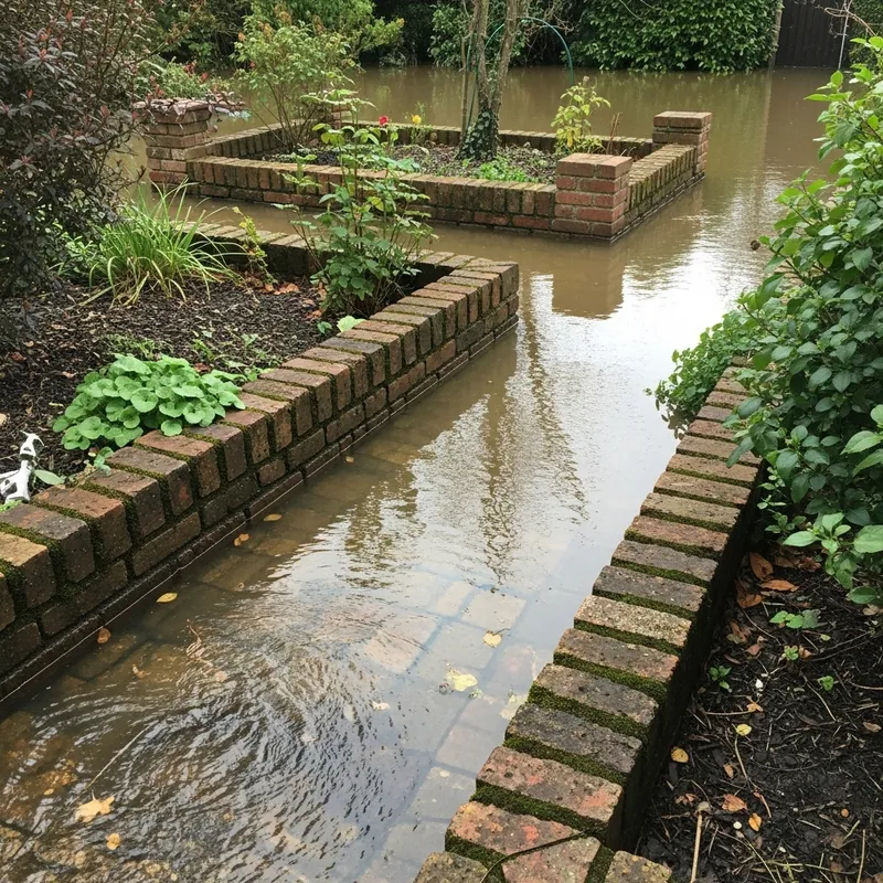 Close Up Flooded Garden with Rising Water on Brickwork