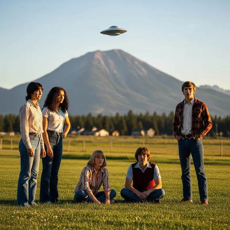 Captivating 70s Summer Encounter with UFO in Meadow