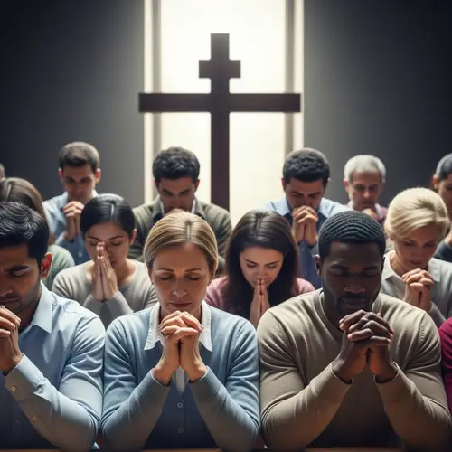Diverse Group in Prayer with Wooden Cross - Spiritual Moment