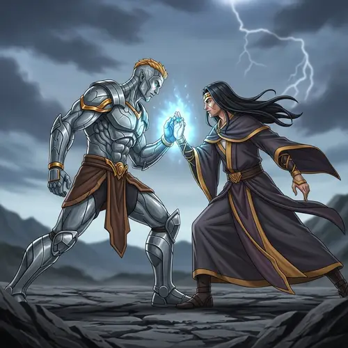 Epic Duel: Mystic vs. Warrior on Stormy Battleground