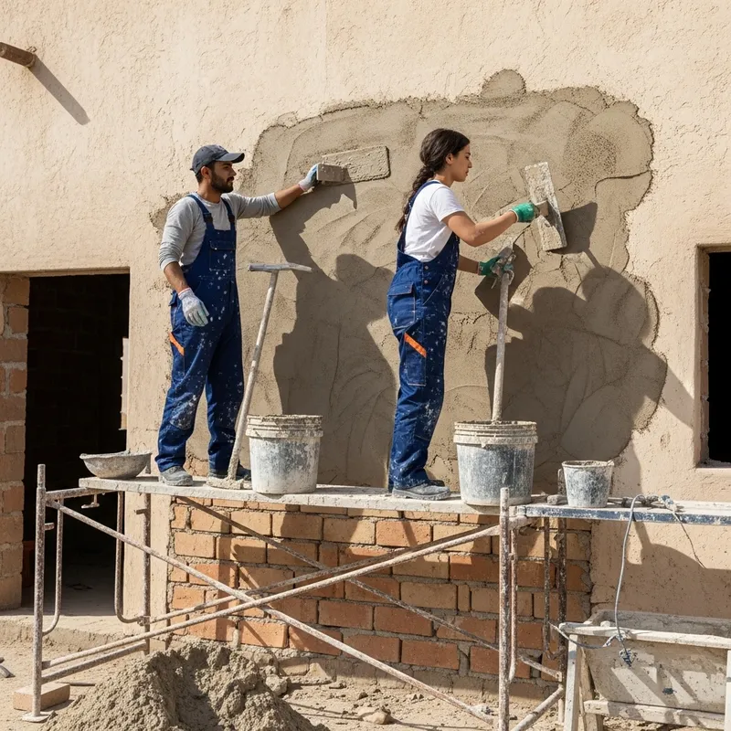 Middle Eastern Worker Plastering Traditional House Exterior