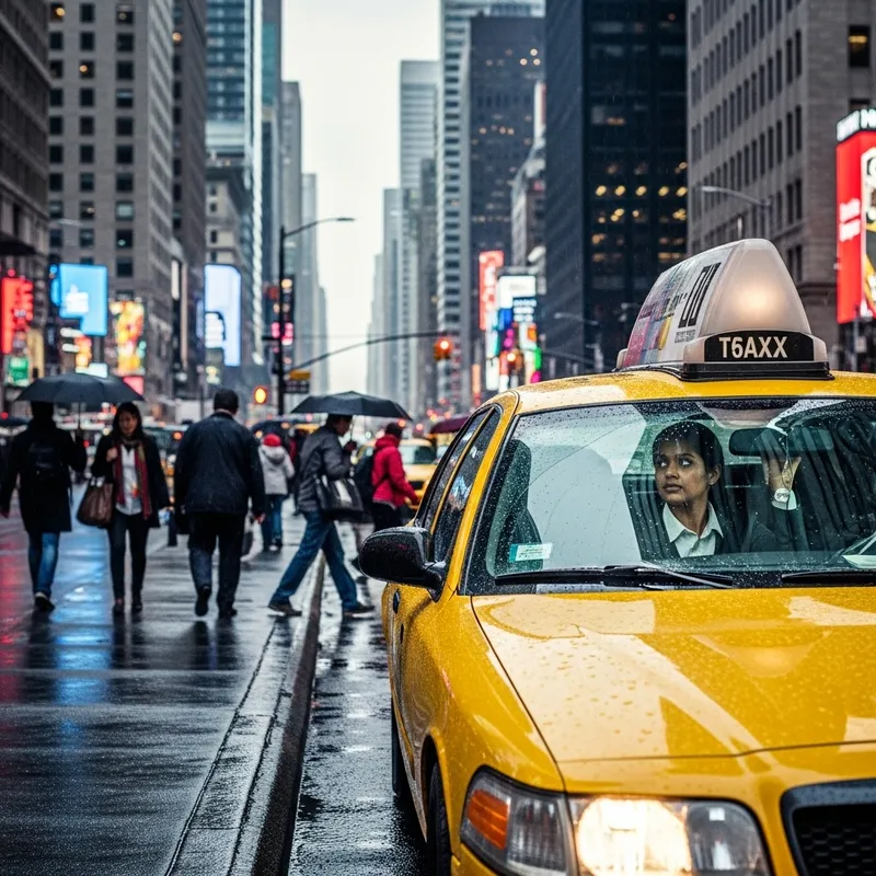 Yellow Taxi Cab on Rainy City Street Yellow Taxi Cab on Rainy City Street