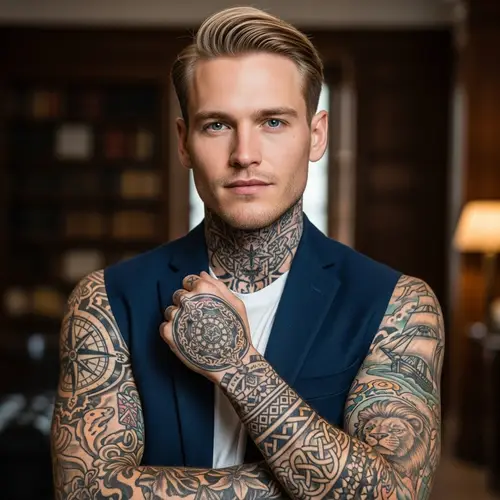 Blue-Eyed British Gentleman with Ideal Features and Intricate Tattoos