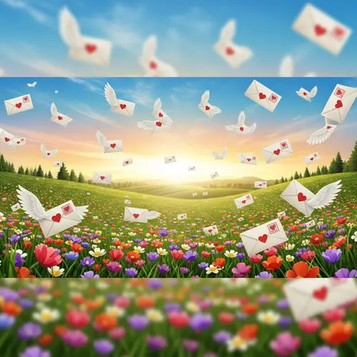 Spring Sunset Banner with Flying Envelopes