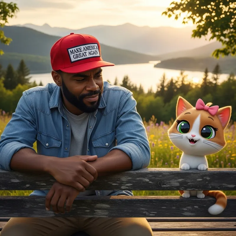 African American Artist with 'Make America Great Again' Hat in Park Scene with Hello Kitty