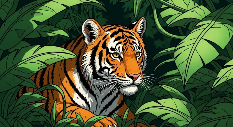 Hidden Juvenile Tiger in Vegetation - Camouflage Hunting Scene