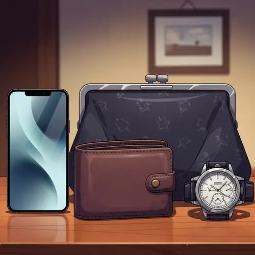 Male-Centric Cartoon-Style Still Life with Wallet, Smartphone, Timepiece & Purse