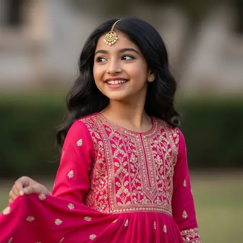 Vibrant South Asian Girl in Pink Dress | Age 14 Smiling Image
