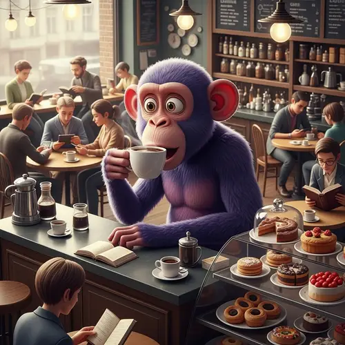 Animated Purple Monkey in a Bustling Coffee Shop