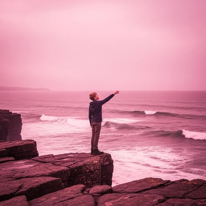 A Boy Reaching for the Sky on a Pink Cliff