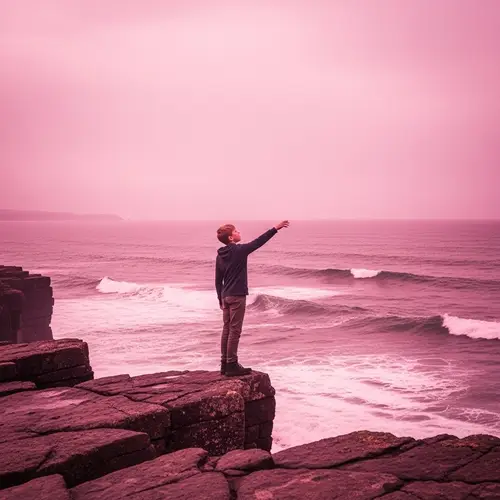 A Boy Reaching for the Sky on a Pink Cliff