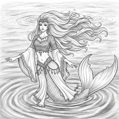 Odalisque Mermaid in Eastern Costume | Pencil Sketch Art