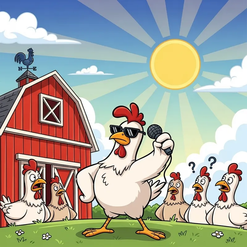 Funny Cartoon Chickens in Red Barn - Sunglasses & Microphone Funny Cartoon Chickens in Red Barn - Sunglasses & Microphone