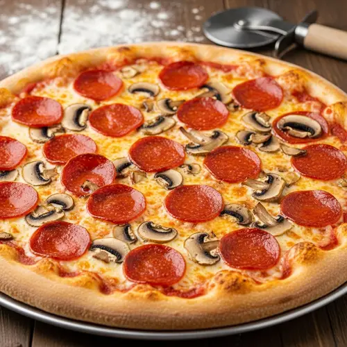 Delicious Pepperoni and Mushroom Pizza on Rustic Table