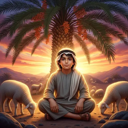 Serene Middle Eastern Landscape with Boy and Lambs