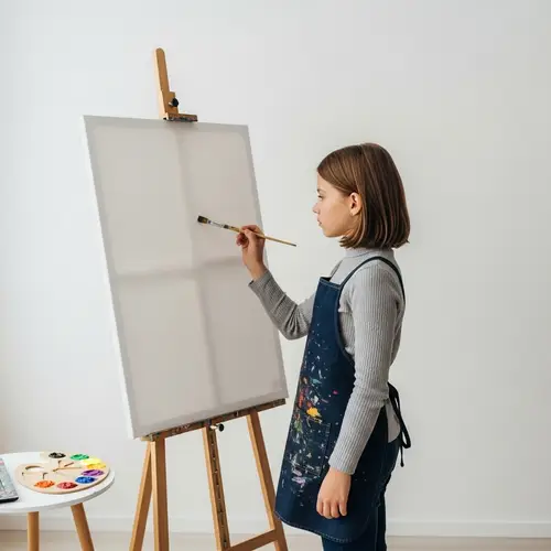 Caucasian Girl at Work: Painting Canvas Creativity