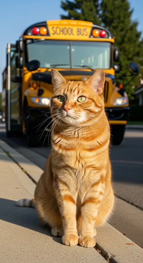 Ginger Cat Watching School Bus | Photorealism & Aesthetics