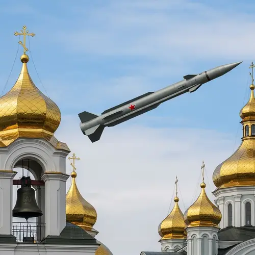 Russian Military Missile Flying between Ukrainian Churches