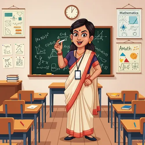 Enthusiastic South Asian Female Math Teacher in Classroom Cartoon