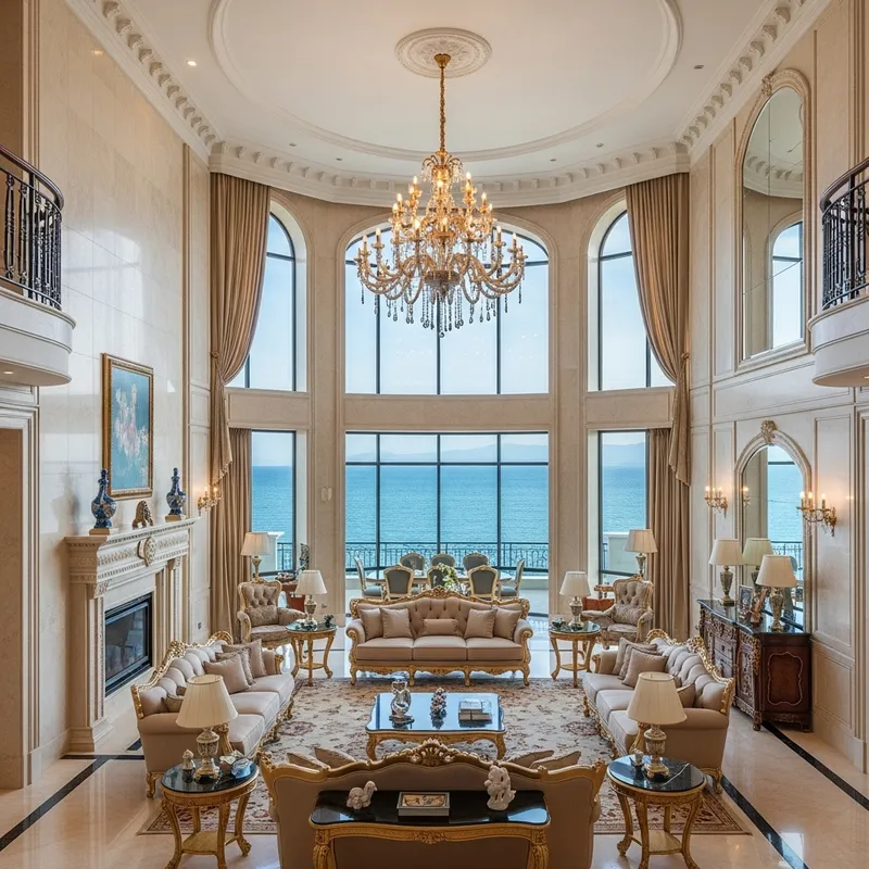 Luxurious Seaside Villa with High Living Room & Lavish Interiors