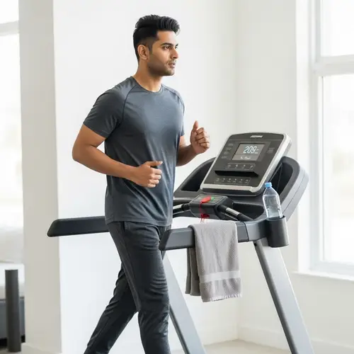 Determined South Asian Man Walking on Modern Treadmill