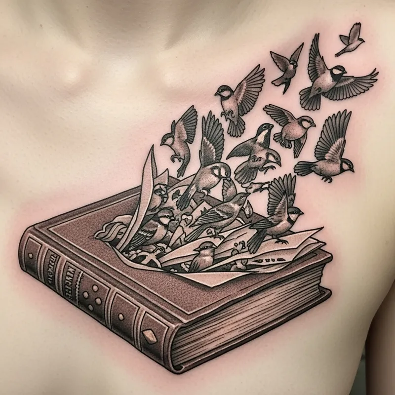 Enchanting Book Tattoo with Birds in Flight