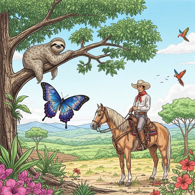 Vibrant Guanacaste Landscape with Sloth & Cowboy