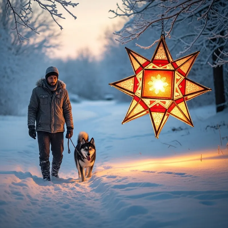 Cozy Winter Scene: Jacketed Man Walks Dog Amid Snow-Covered Landscape with Filipino Christmas Lantern