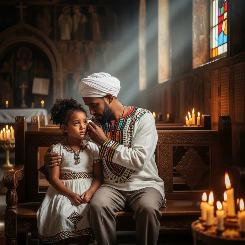 Heartwarming Scene: Ethiopian Father Comforting Sad Daughter